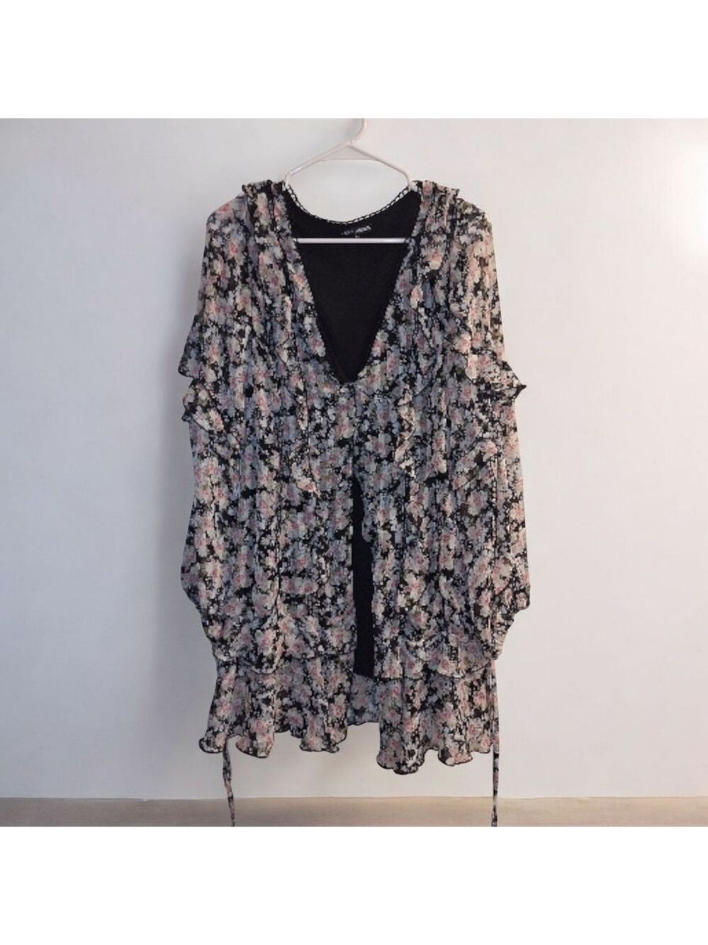 Fashion Nova Black Pink Floral Mini Ruffle Dress Medium